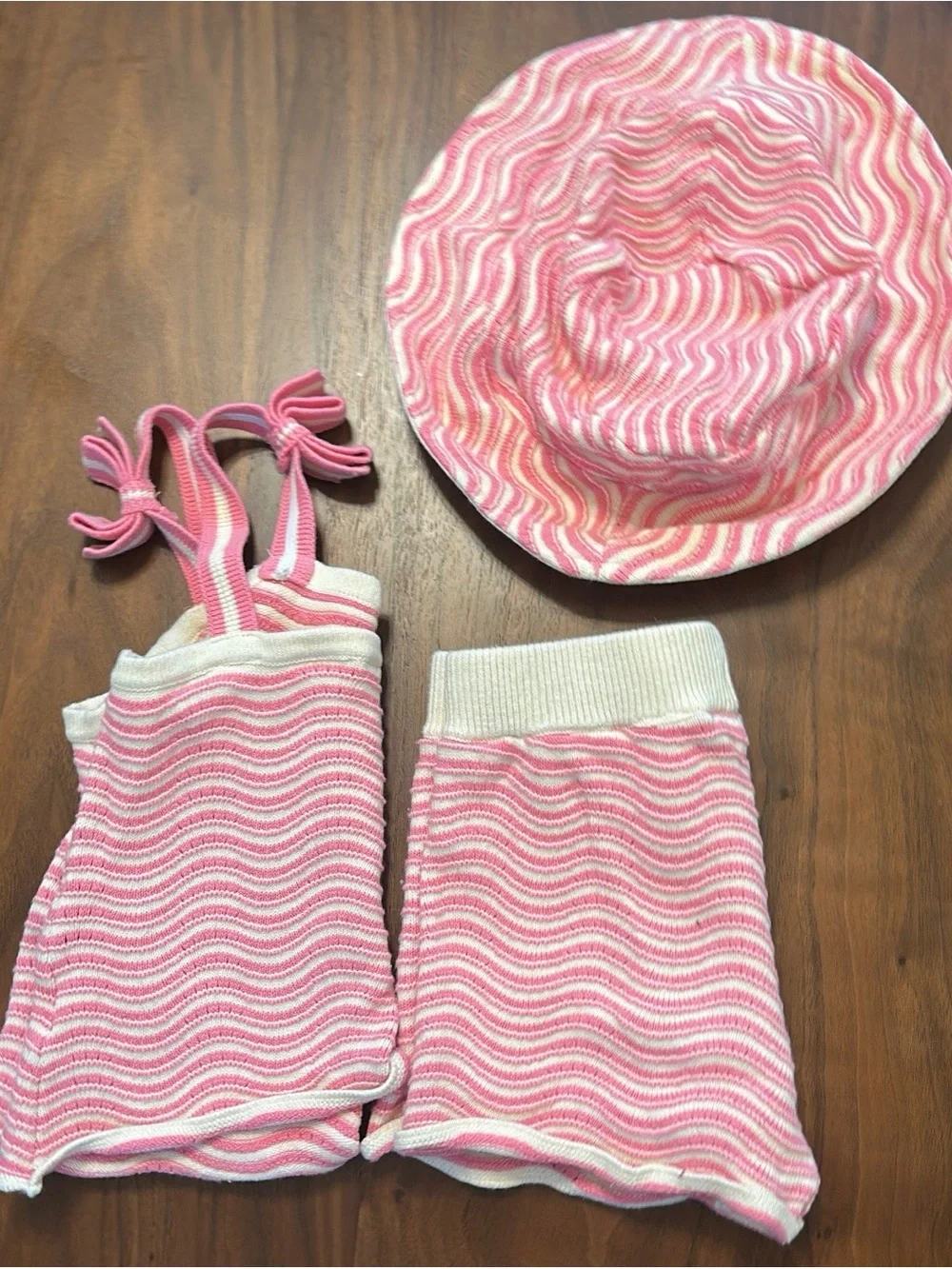 Janie and Jack Pink and White Wavy Knit Three-Piece Set